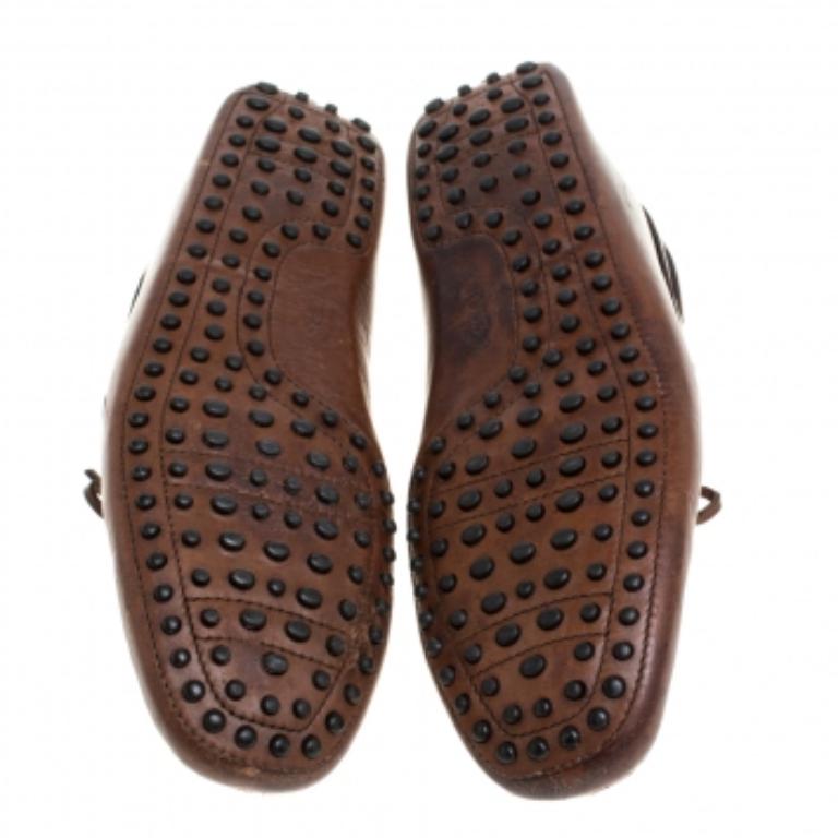Tod's Brown Leather Bow Driver Loafers Size 44.5 In Good Condition For Sale In Dubai, Al Qouz 2