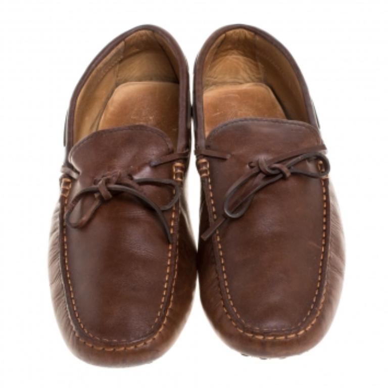 Men's Tod's Brown Leather Bow Driver Loafers Size 44.5 For Sale