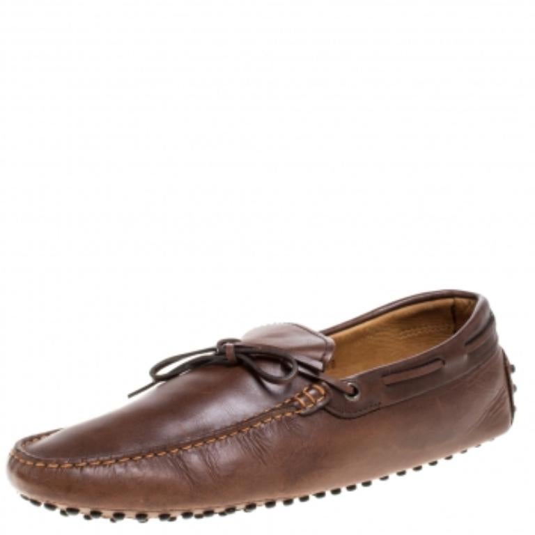 Tod's Brown Leather Bow Driver Loafers Size 44.5 For Sale 2