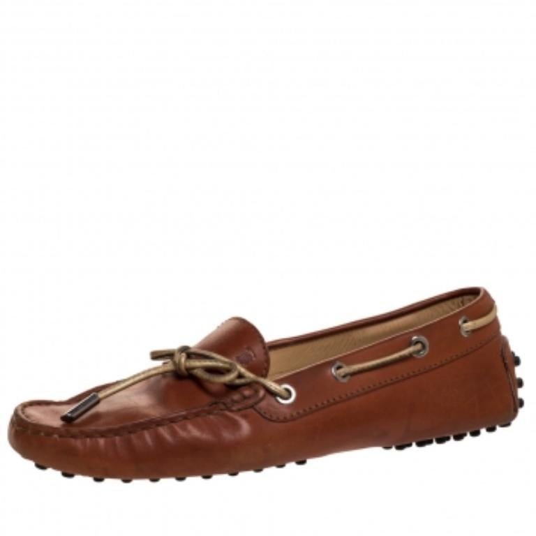 Tod's Brown Leather Bow Slip On Loafers Size 37.5 For Sale 2