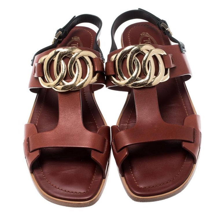 Tod's Brown Leather Chain Link Detail Flat Sandals Size 37.5 For Sale at 1stdibs