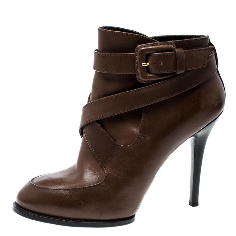 Tod's Brown Leather Cross Strap Ankle Boots Size 36.5 For Sale at 1stDibs