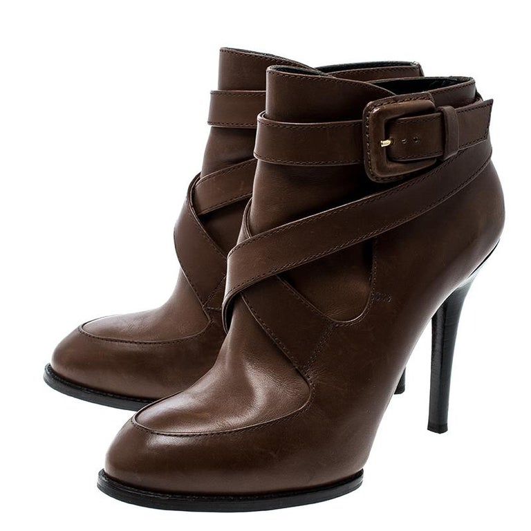 Tod's Brown Leather Cross Strap Ankle Boots Size 36.5 For Sale at 1stDibs
