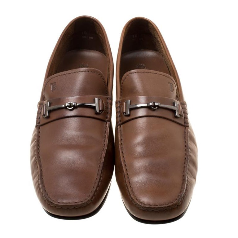 Tod's Brown Leather Doppia T Loafers Size 44.5 For Sale at 1stDibs