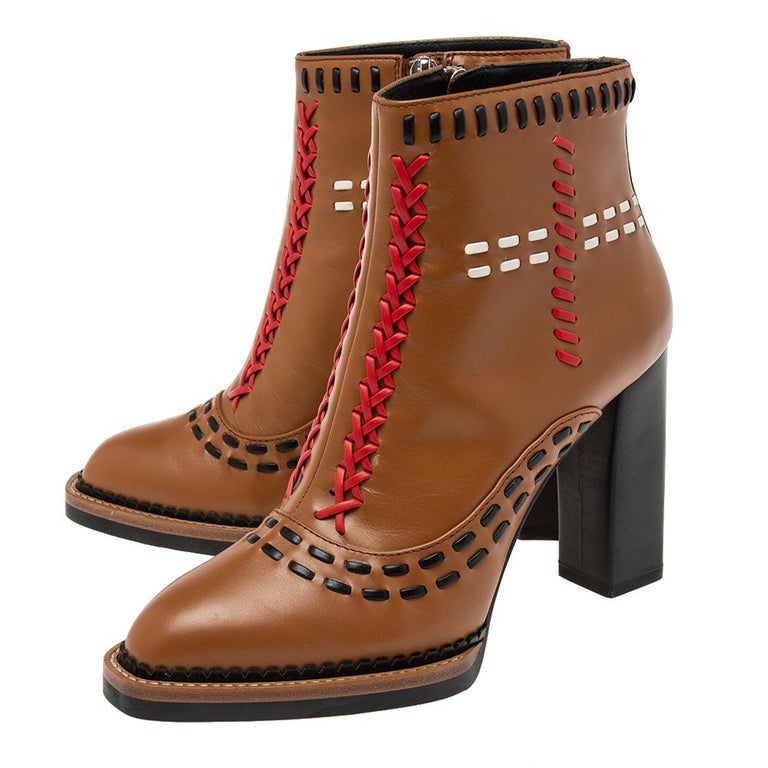 Tod''s Brown Leather Gipsy Cross Stitch Detail Block Heel Ankle Boots Size  36 For Sale at 1stDibs