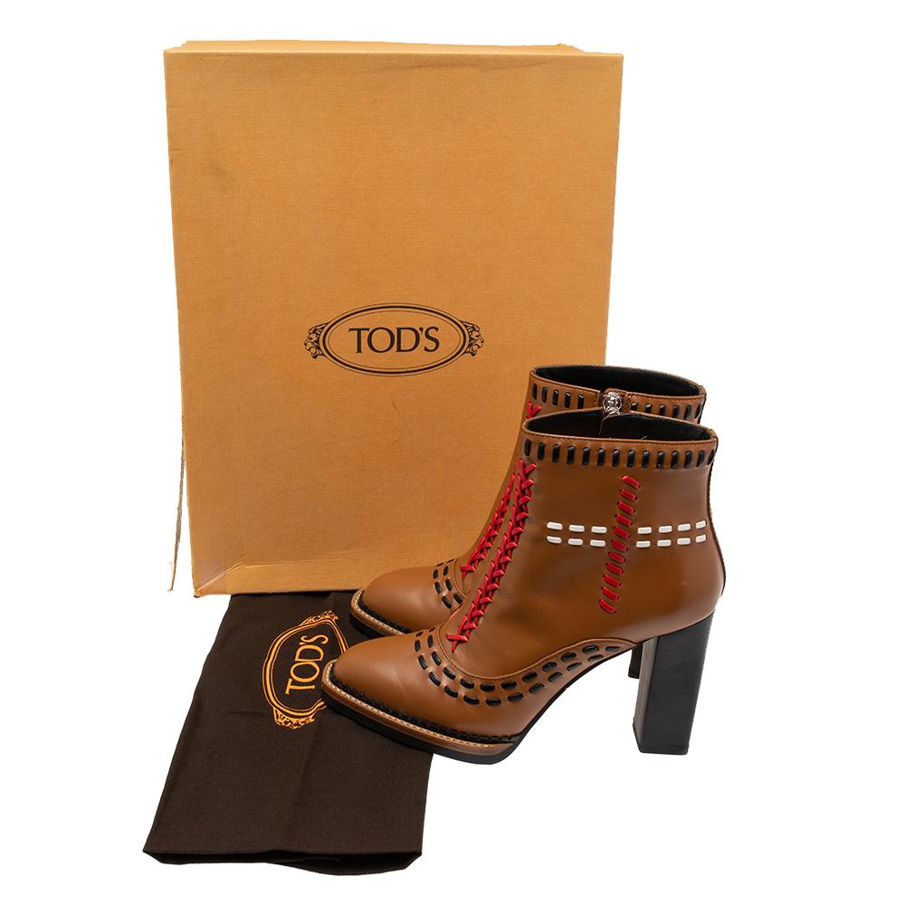 Tod's Brown Leather Gipsy Cross Stitch Detail Block Heel Ankle Boots Size 36 2