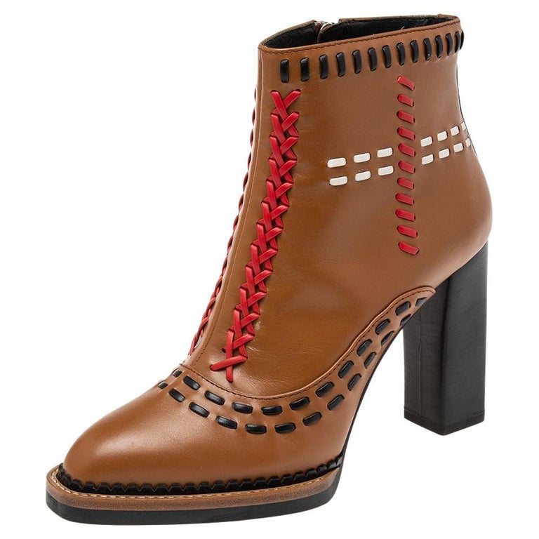 Tod's Brown Leather Gipsy Cross Stitch Detail Block Heel Ankle Boots Size  36 at 1stDibs