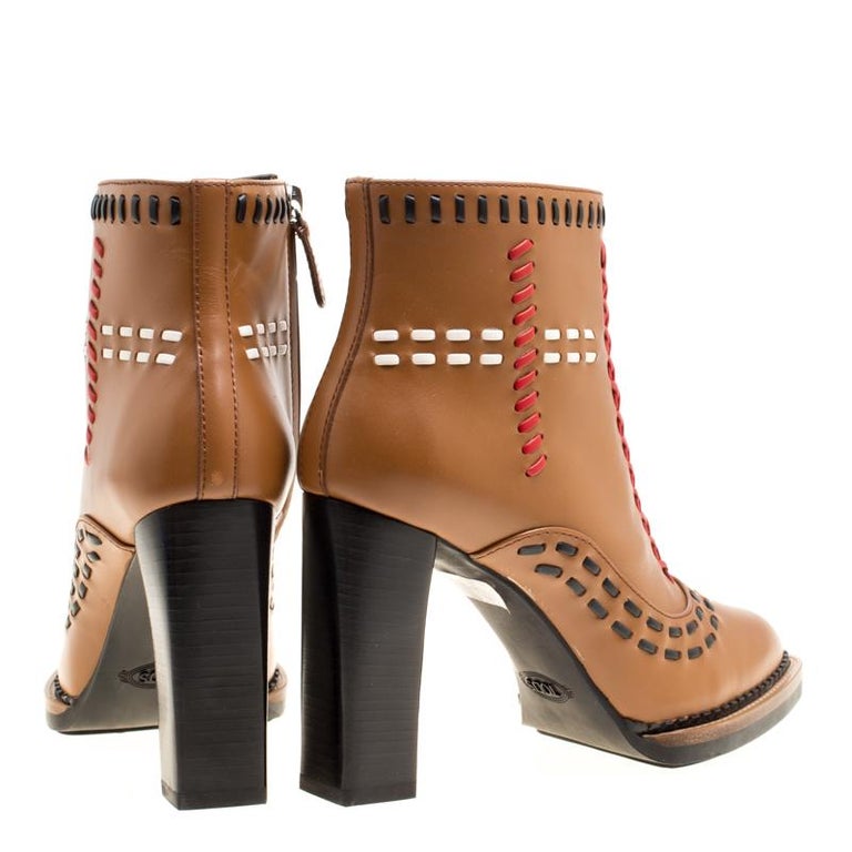 Tod's Brown Leather Gipsy Cross Stitch Detail Block Heel Ankle Boots Size 37.5 at 1stdibs