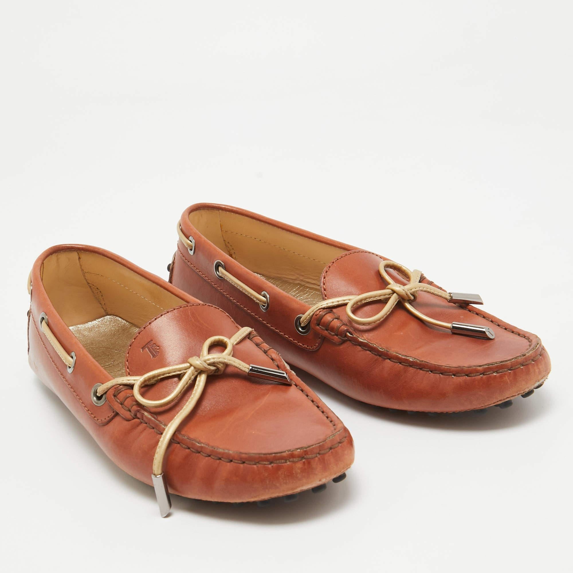 Women's Tod's Brown Leather Gommino Bow Slip On Loafers Size 36 For Sale