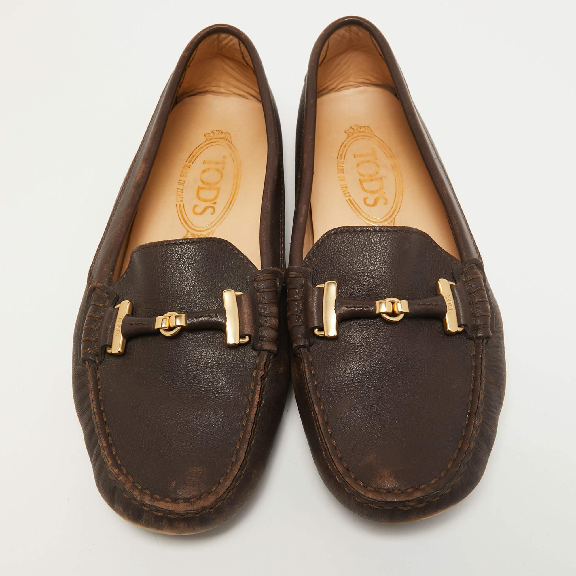 Black Tod's Brown Leather Gommino Slip On Loafers Size 36 For Sale