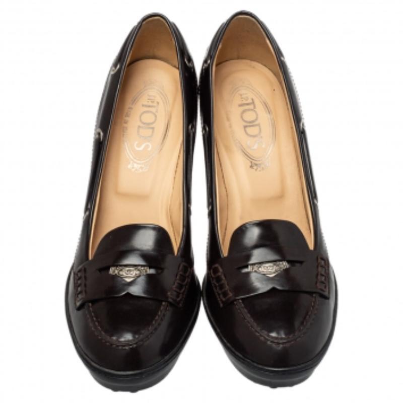 Black Tod's Brown Leather Penny Loafer Pumps Size 38 For Sale