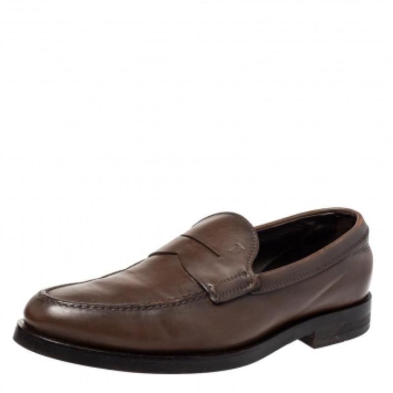Tod's Brown Leather Penny Slip On Loafers Size 39.5 For Sale 1