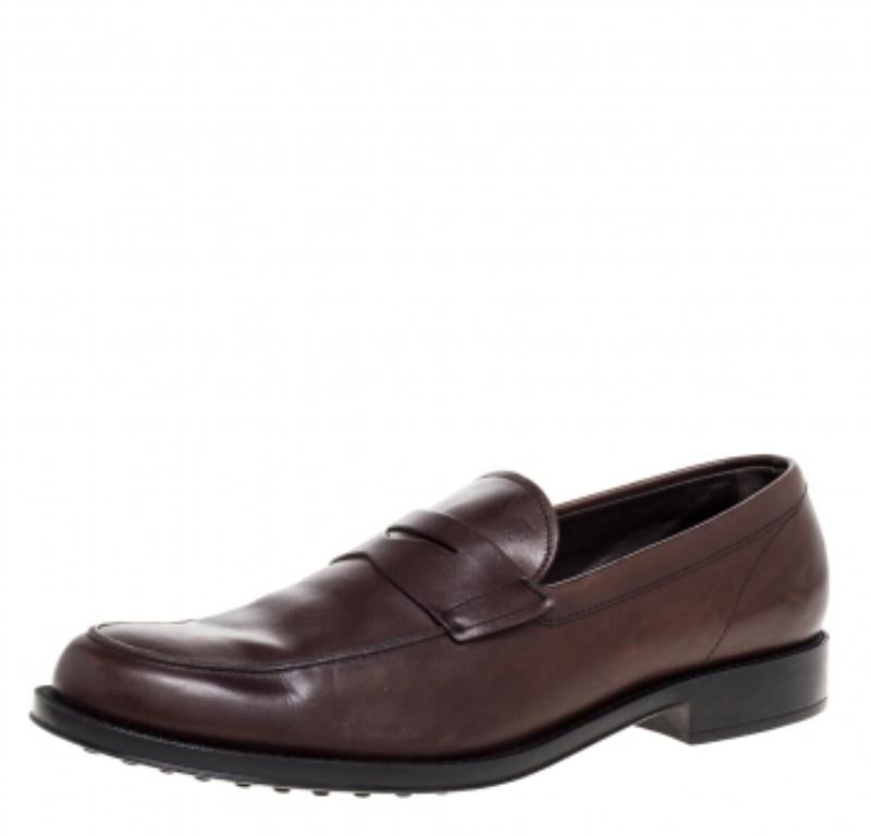 Tod's Brown Leather Penny Slip On Loafers Size 44.5 en venta 1
