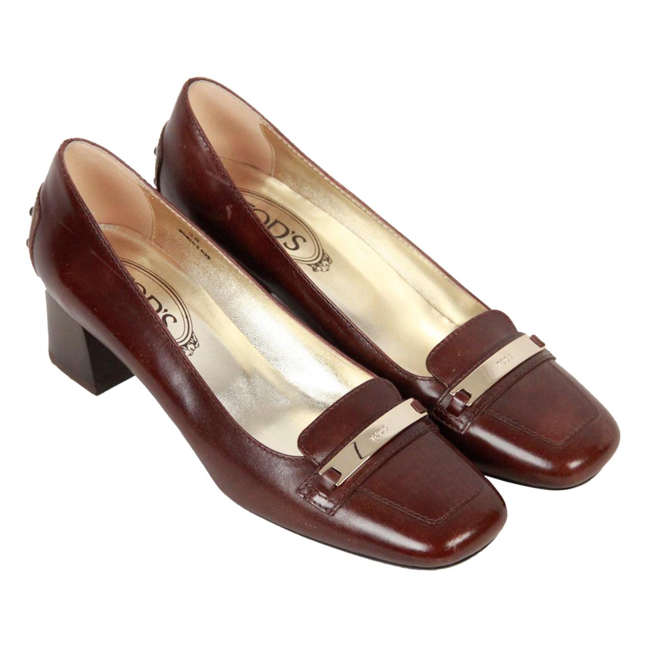 TOD'S Brown Leather SLIP ON PUMPS Shoes HEELS Size 38