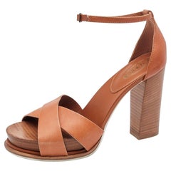 Tod's Brown Leather Wooden Platform Block Heel Ankle Strap Sandals Size 38