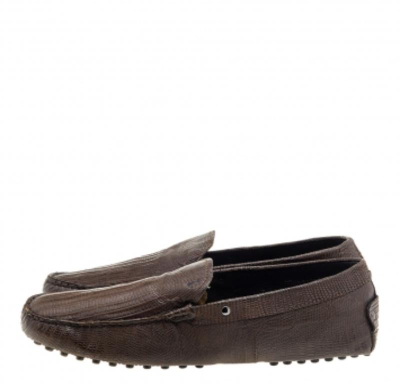 Black Tod's Brown Lizard Embossed Leather Slip On Loafers Size 41 For Sale