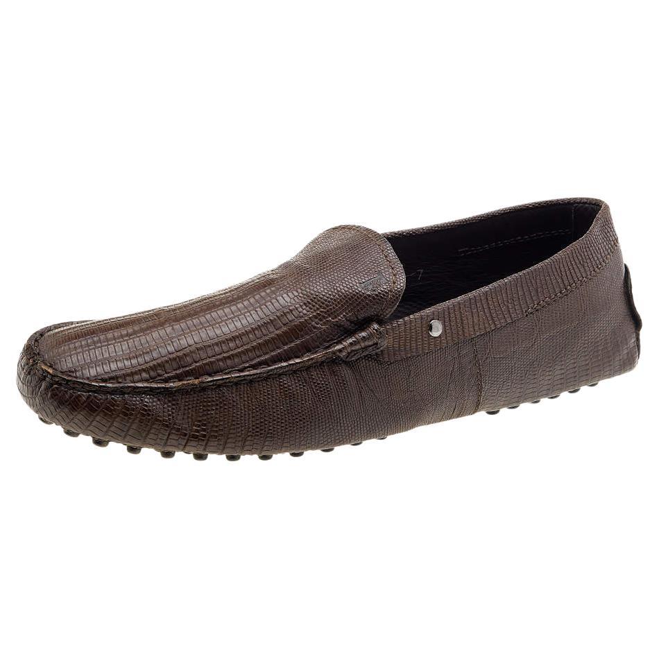 Tod's Brown Lizard Embossed Leather Slip On Loafers Size 41 For Sale