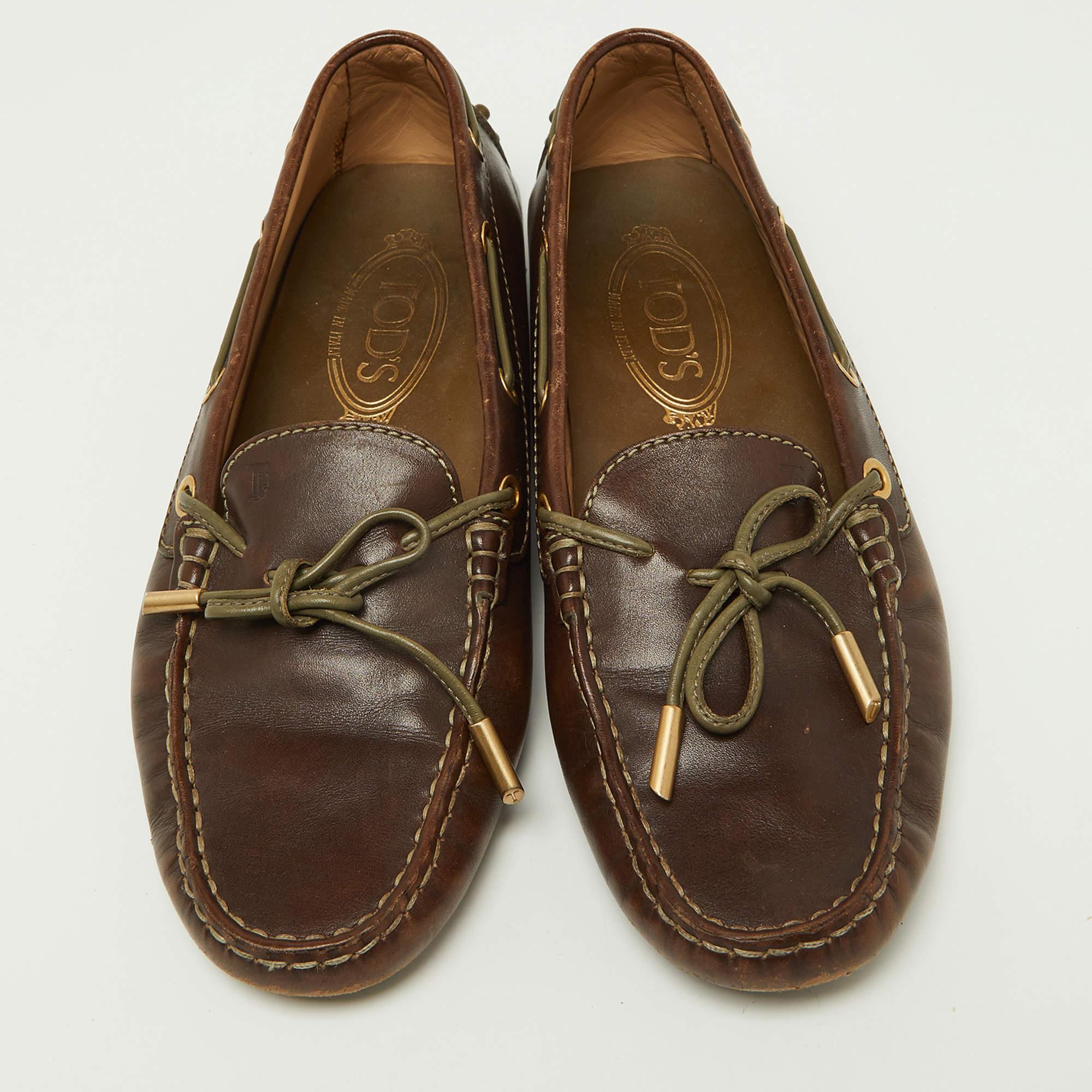 Tod's Brown/Olive Leder Schleife Slip On Loafers Größe 37.5 (Braun) im Angebot