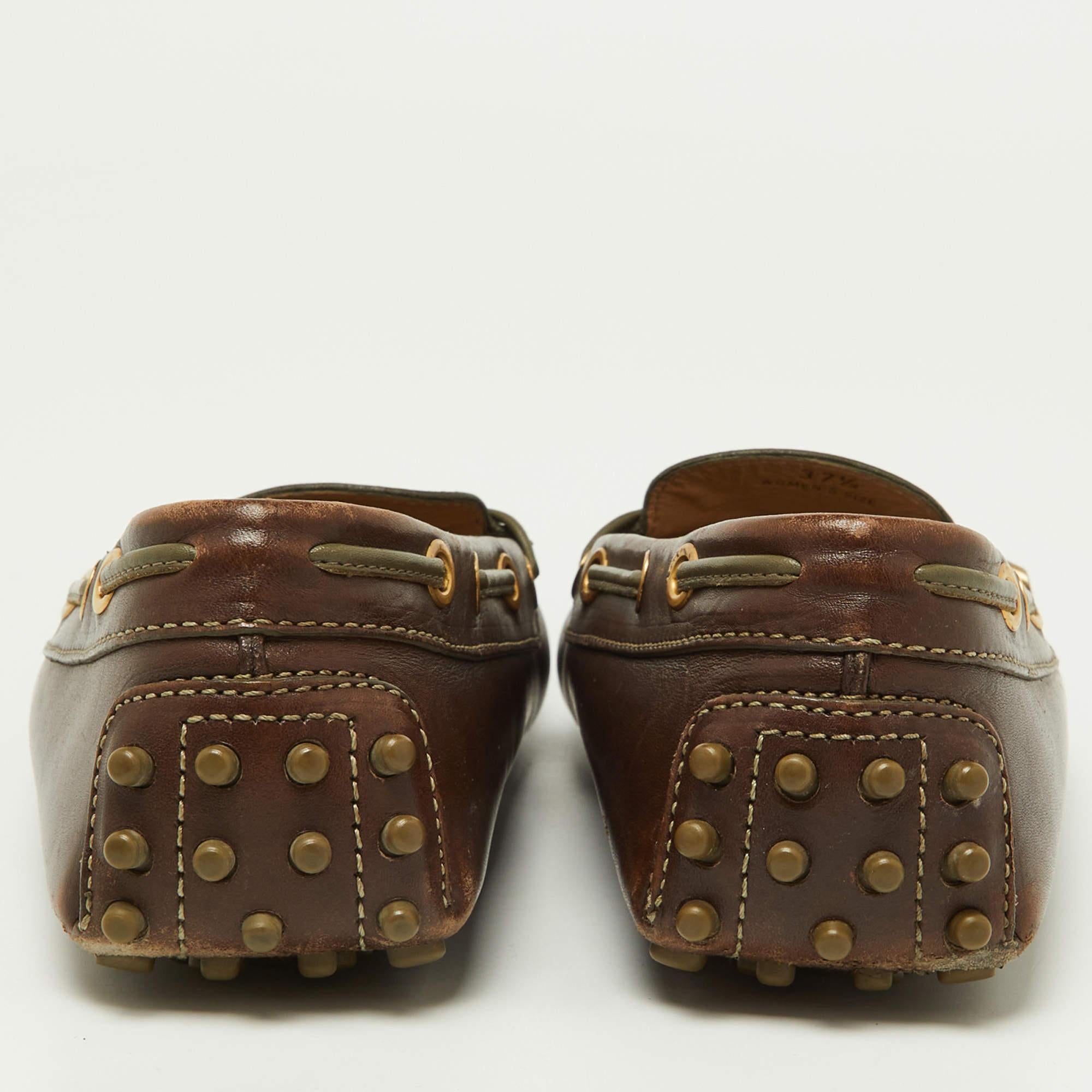 Tod's Brown/Olive Leder Schleife Slip On Loafers Größe 37.5 Damen im Angebot