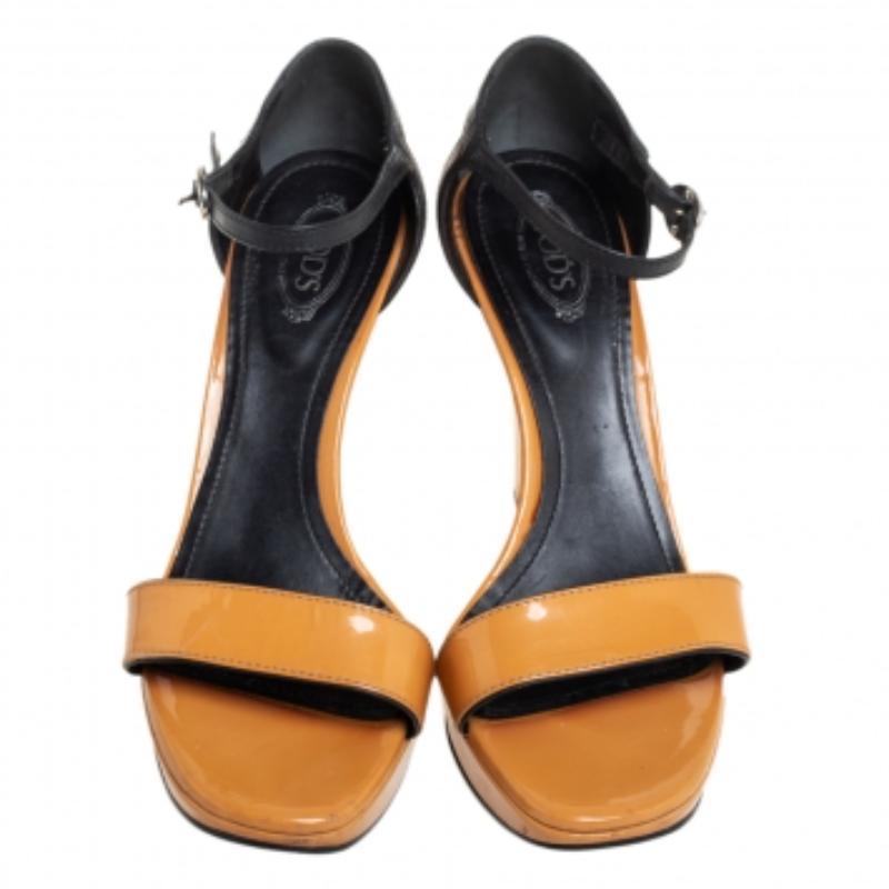 Tod's Brown Patent Leather Wedge Ankle Strap Sandals Size 38 For Sale 1