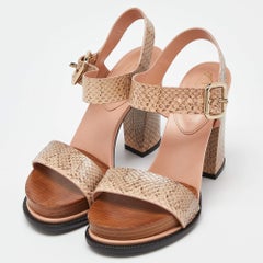 Tod's Brown/Peach Watersnake Leather Block Heel Platform Sandals Size 36