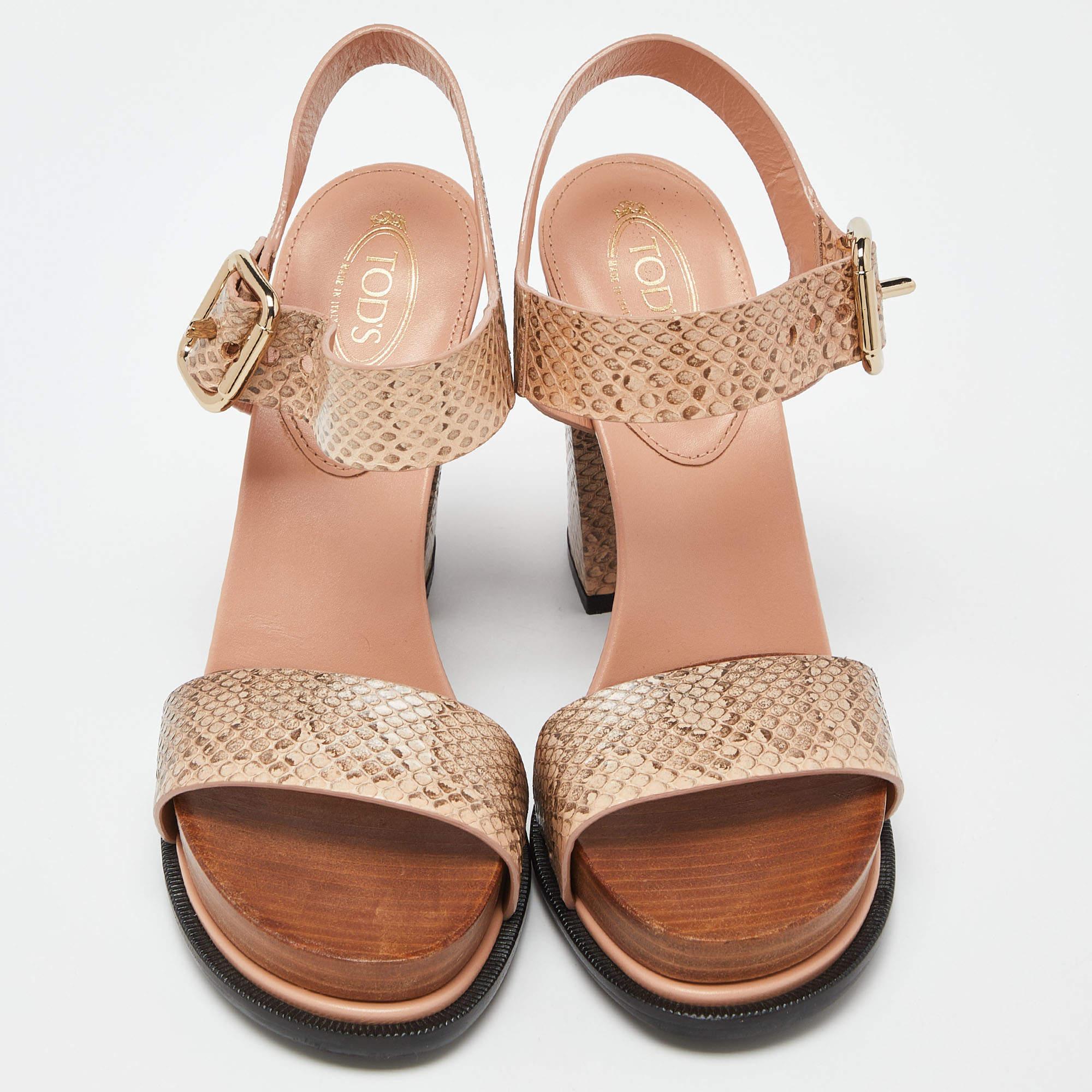 Tod's Brown/Peach Watersnake Leder Blockabsatz Plateau Sandalen Größe 36 (Braun) im Angebot