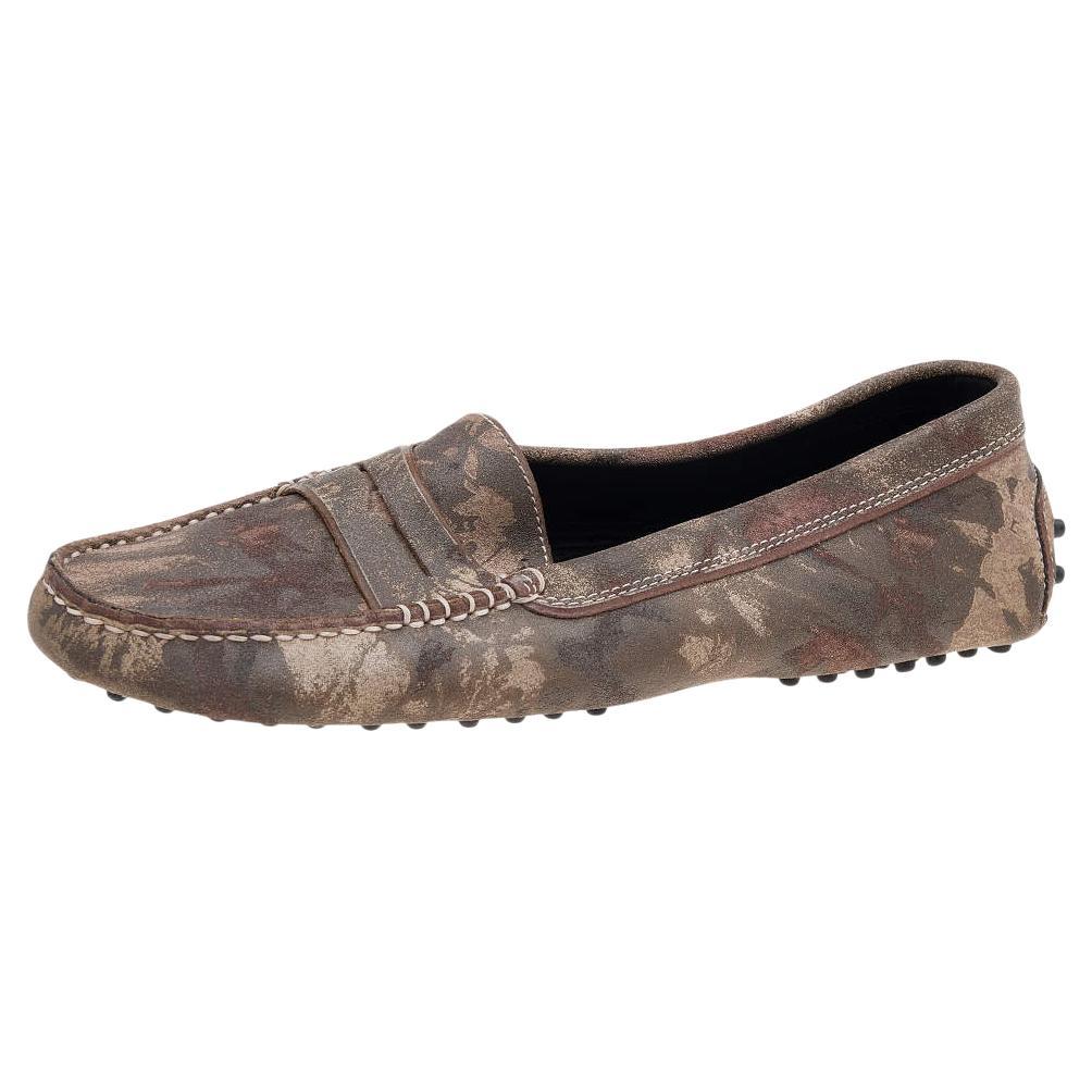 Tod's Brown Printed Suede Slip On Loafers Size 39 For Sale