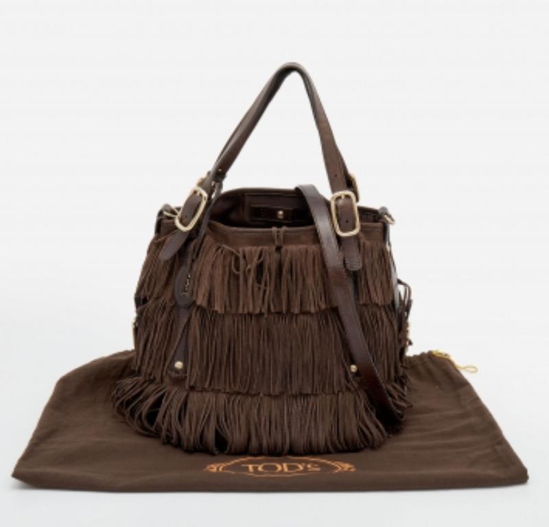 Tod's Tote G-Line Frange Media de ante y piel marrón en venta 4
