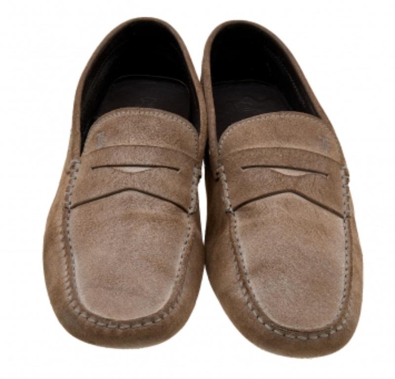Marron Tod's Brown Suede Penny Slip On Loafers Size 45.5 en vente