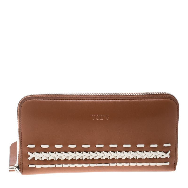 Tod's Brown/White Leather Woven Detail Zip Around Continental Wallet ...