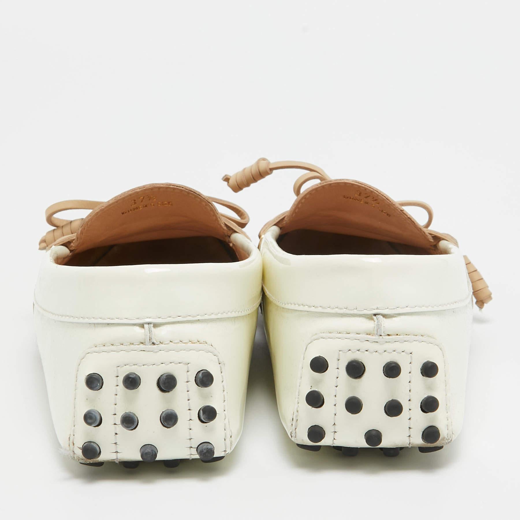 Women's Tod's Brown/White Patent and Nubuck Slip On Loafers Size 37.5 For Sale