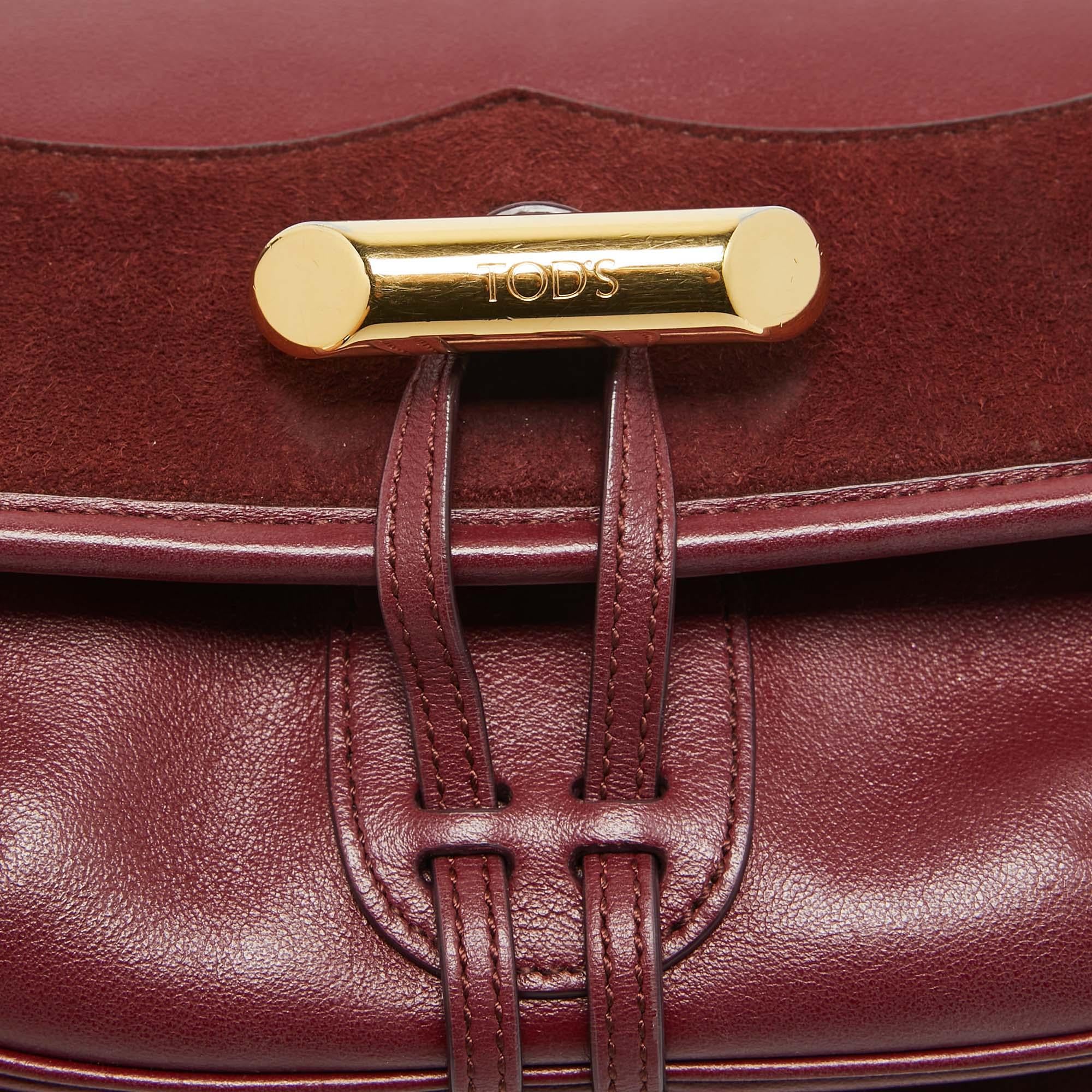 Tod's Burgundy Leather and Suede Toggle Flap Crossbody Bag For Sale 1