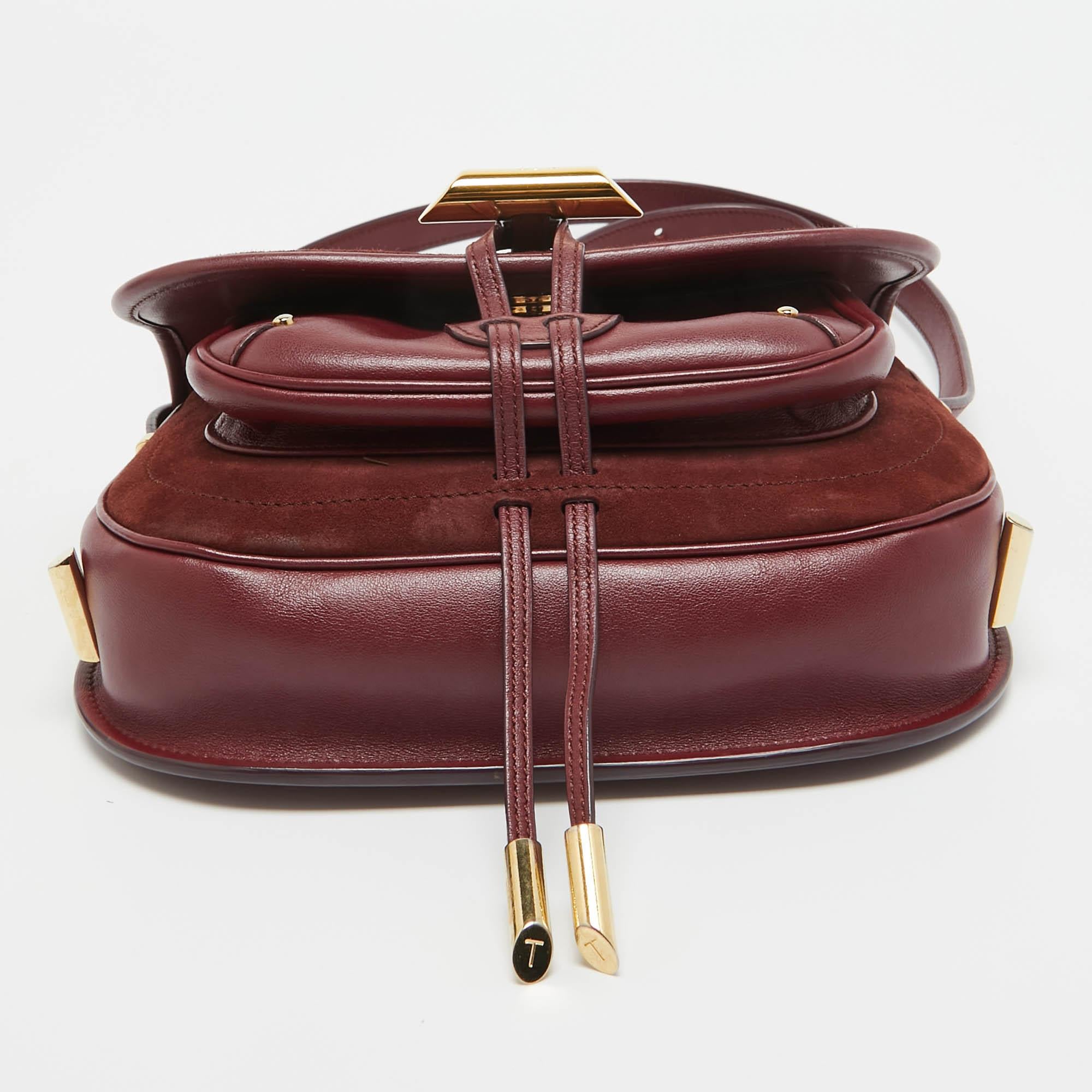 Tod's Burgundy Leather and Suede Toggle Flap Crossbody Bag For Sale 4