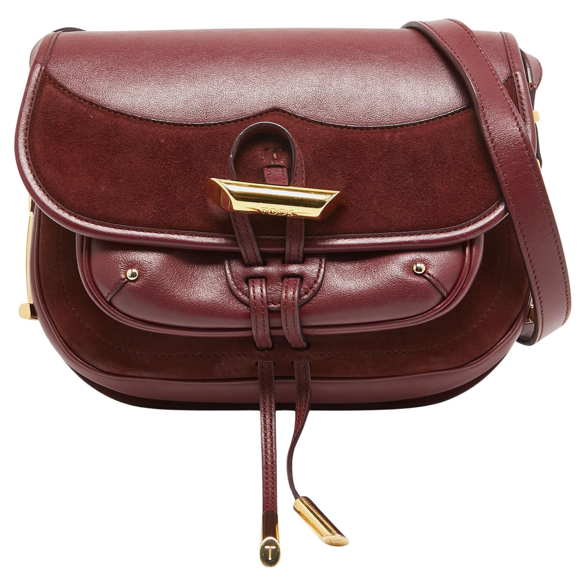 Tod's Burgundy Leather and Suede Toggle Flap Crossbody Bag For Sale