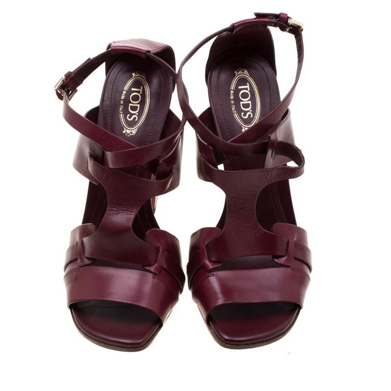 Tod's Burgundy Leather Cross Ankle Strap Block Heel Sandals Size 36.5 ...