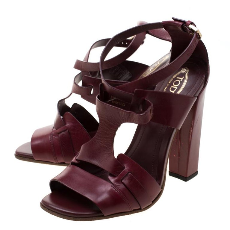 Tod's Burgundy Leather Cross Ankle Strap Block Heel Sandals Size 36.5 ...