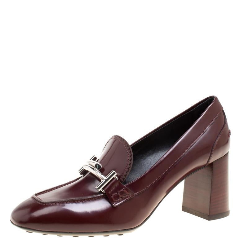 Tod's Burgundy Leather Gomma Maxi Double T Court Loafer Pumps Size 39.5 4