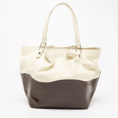 Tod's Cream/Brown Leather and Patent Leather Medium Flower Tote