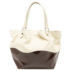 Tod's Cream/Brown Leather and Patent Leather Medium Flower Tote