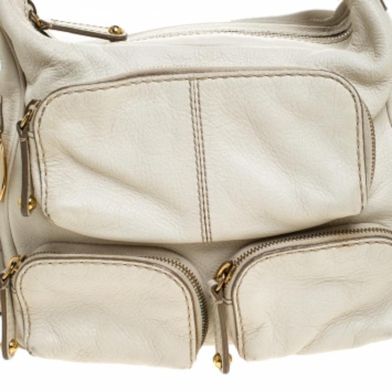 Tod's Cream Leather Zipped Pockets Satchel in vendita 5