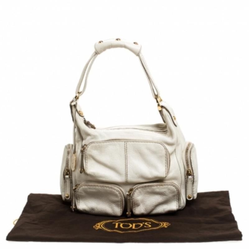 Tod's Cream Leather Zipped Pockets Satchel in vendita 6