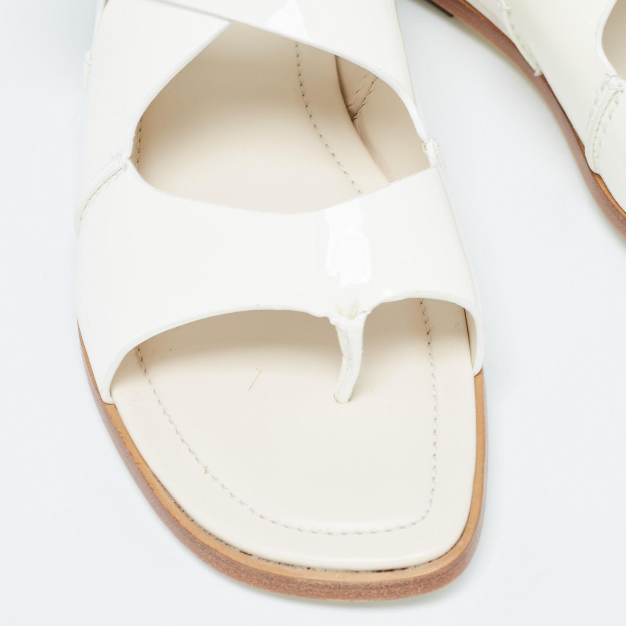 Tod's Cream Patent Leather Cross Strap Flat Sandals Size 36.5 For Sale 2