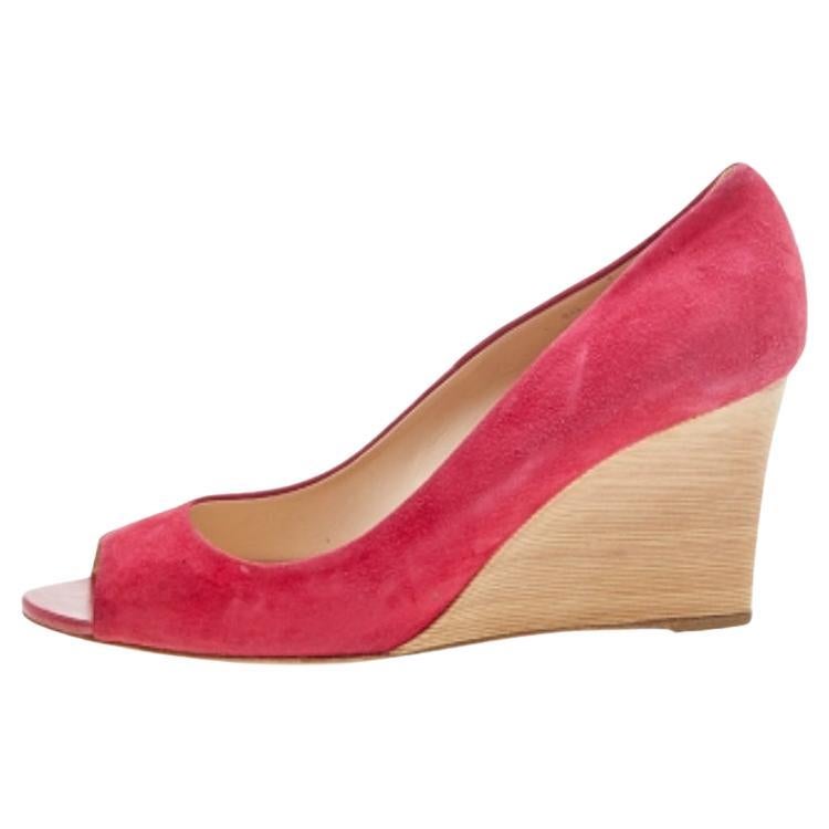 Tod's Crimson Red Suede Peep Toe Wedge Pumps Size 40 For Sale