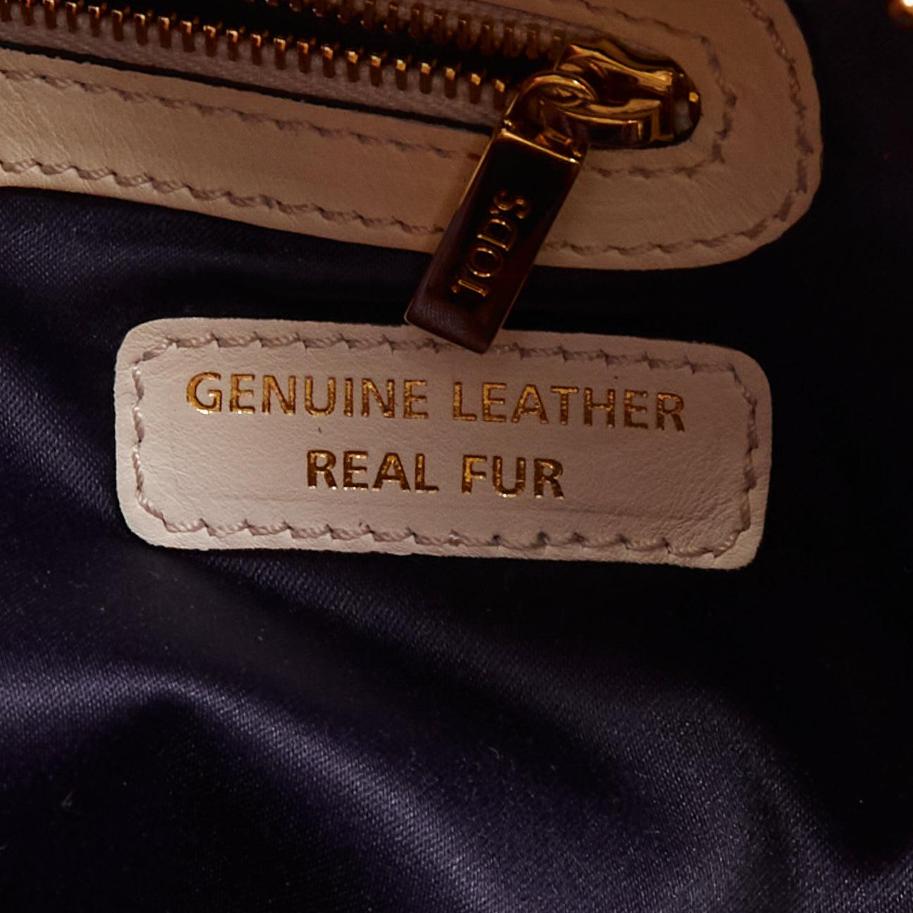 TOD'S D Cube Bauletto cream blue fur white leather GHW bowler bag For Sale 6