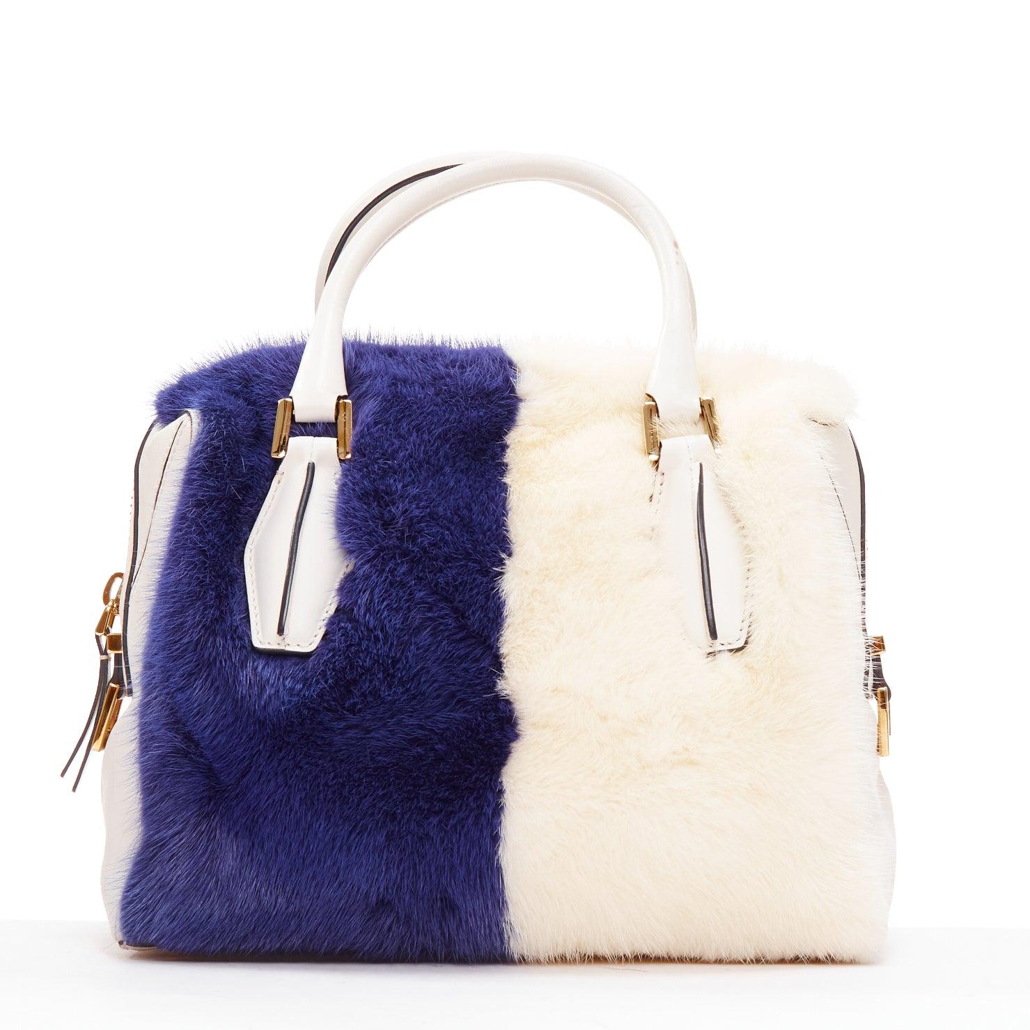 Women's TOD'S D Cube Bauletto cream blue fur white leather GHW bowler bag For Sale