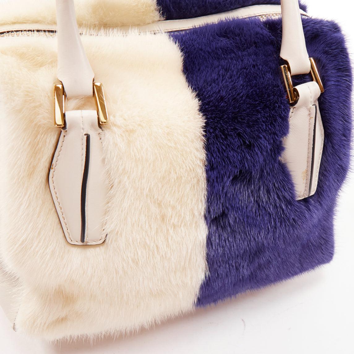 TOD'S D Cube Bauletto cream blue fur white leather GHW bowler bag For Sale 2