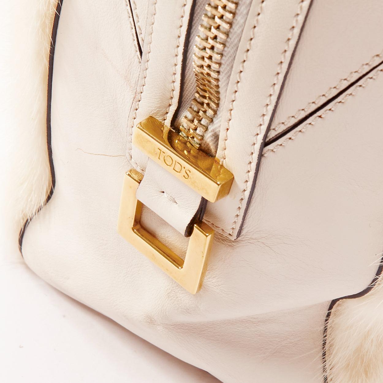 TOD'S D Cube Bauletto cream blue fur white leather GHW bowler bag For Sale 3