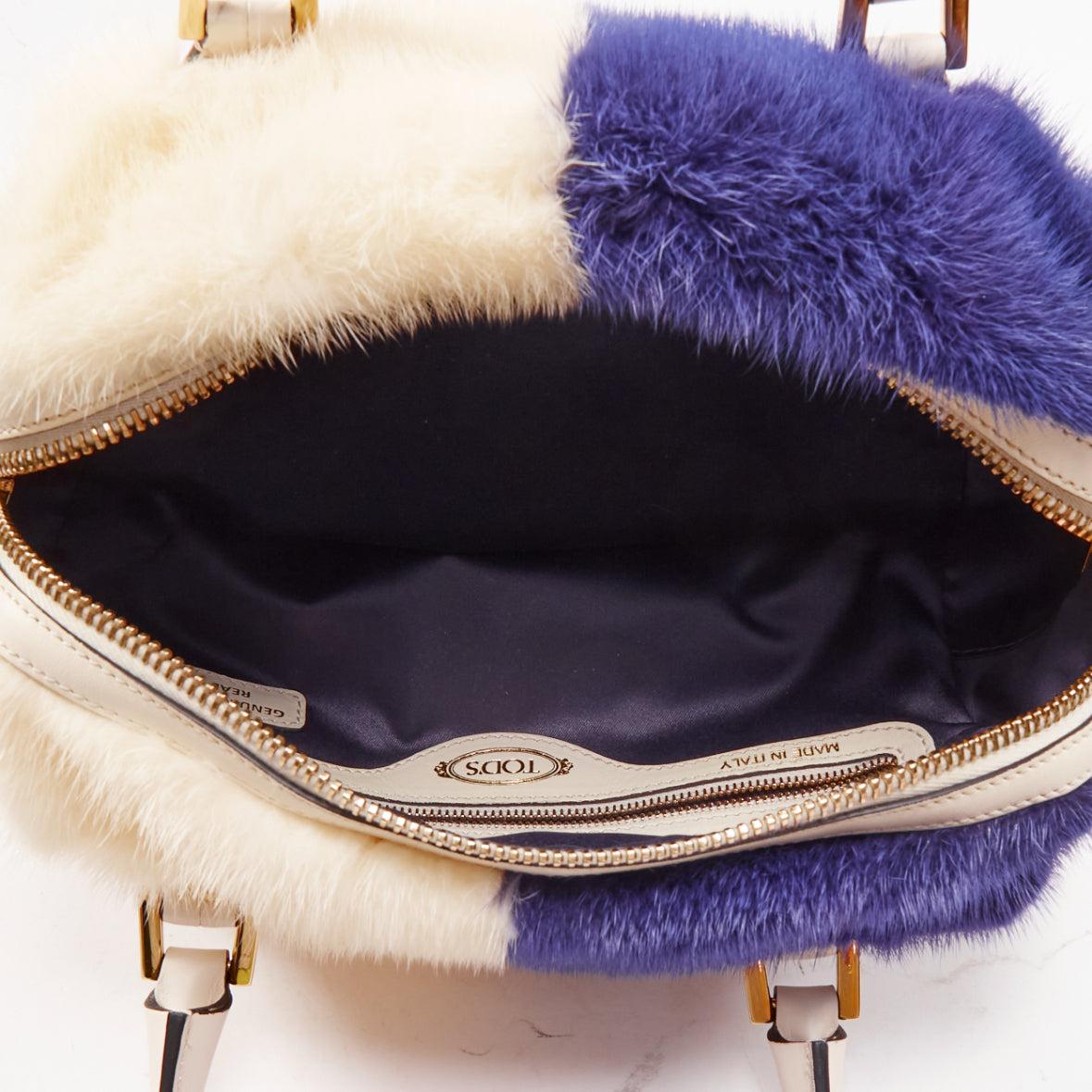 TOD'S D Cube Bauletto cream blue fur white leather GHW bowler bag For Sale 4
