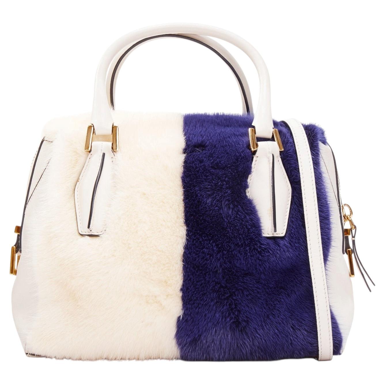TOD'S D Cube Bauletto cream blue fur white leather GHW bowler bag For Sale