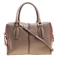 Used Tod's Dark Beige/Burgundy Leather Small D-Cube Top Handle Bag
